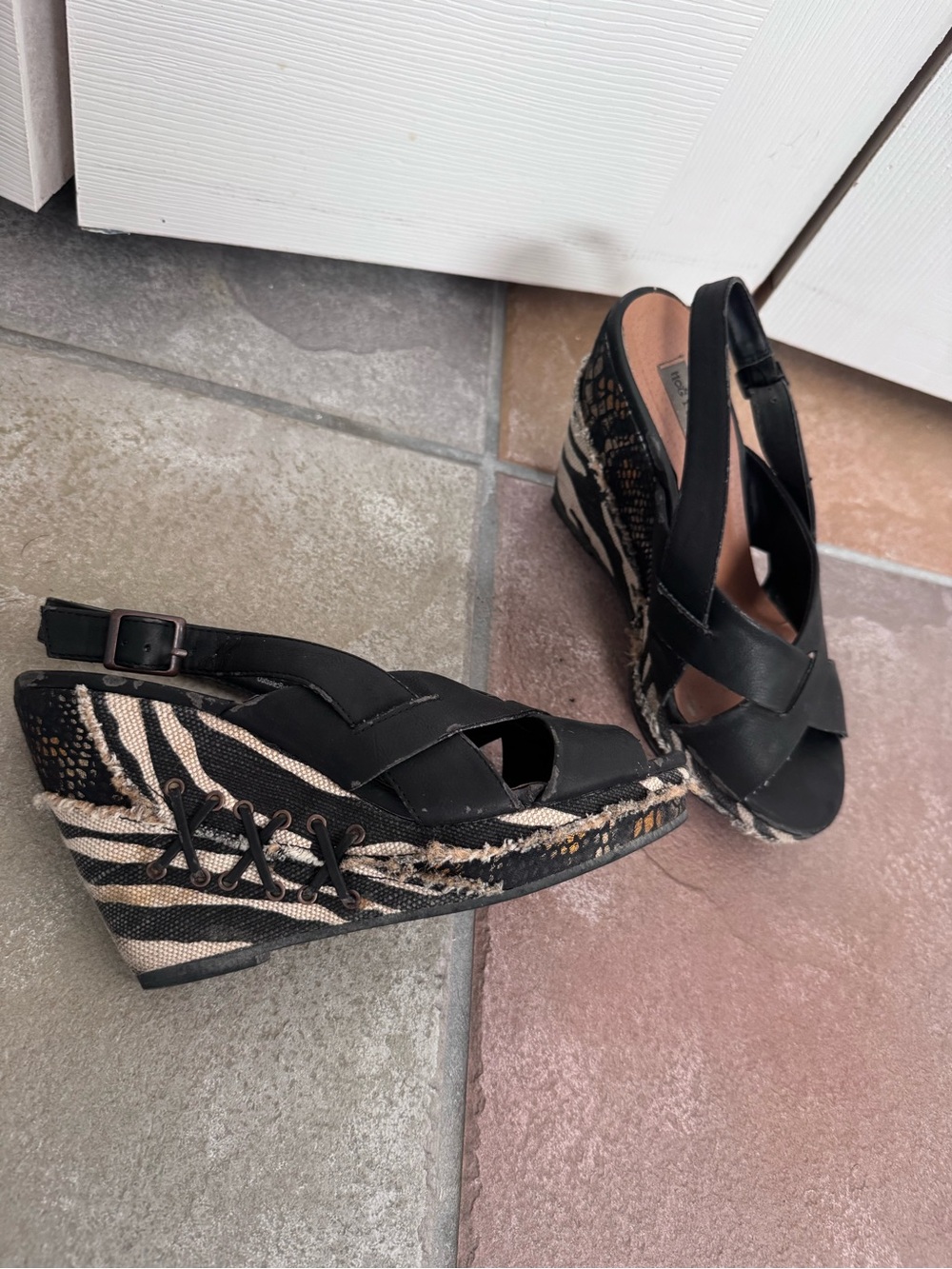 Black Wedge Slingback with Zebra Print Platform - Women